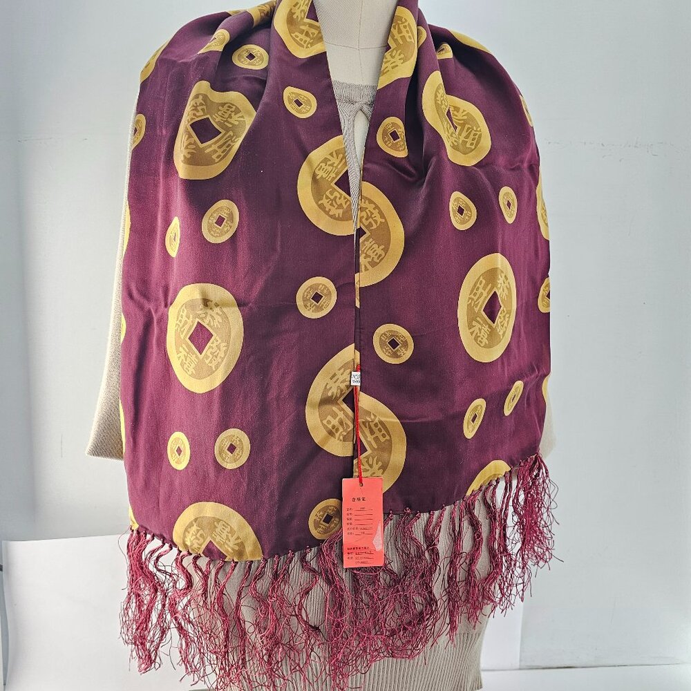 Vintage Chinese 100% Silk Scarf 10x42" Burgundy Gold Coin Fringe